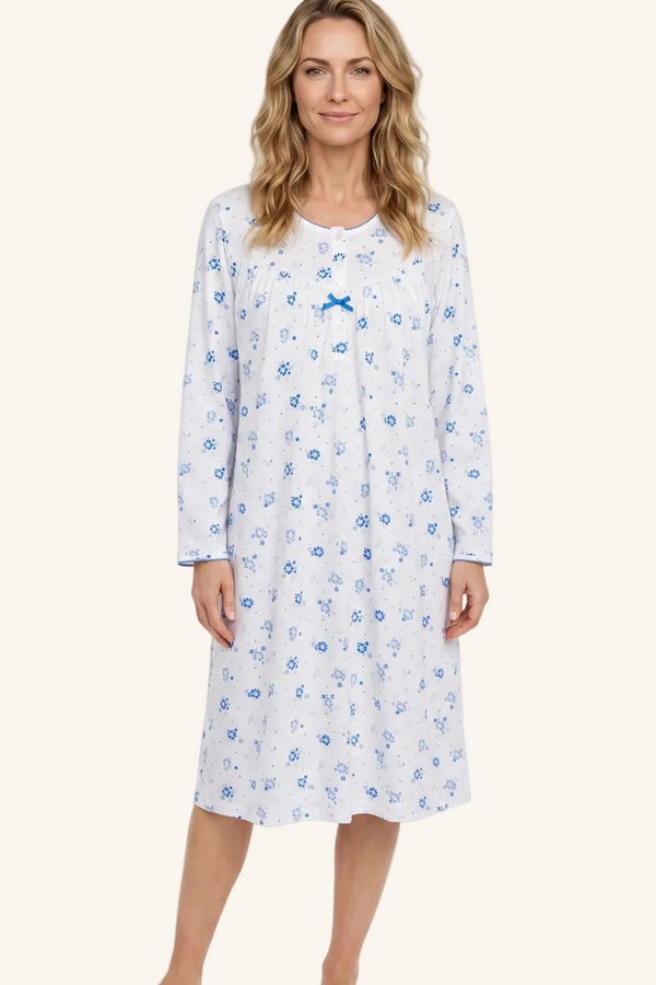 Marlon Louella Ditsy Print Pure Cotton Long Sleeve Nightdress MA50003BL - Blue
