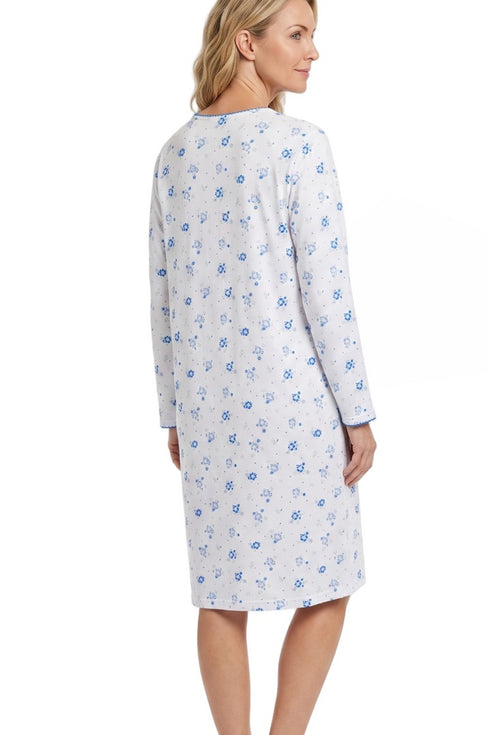 Marlon Louella Ditsy Print Pure Cotton Long Sleeve Nightdress MA50003BL - Blue