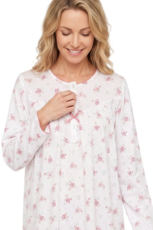 Marlon Louella Ditsy Print Pure Cotton Long Sleeve Nightdress MA50003PK - Pink