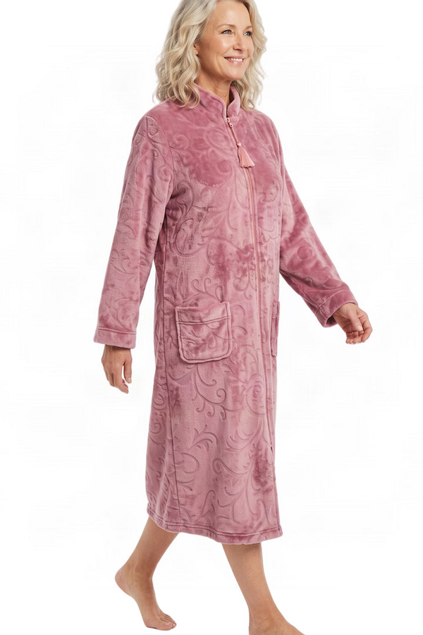 Marlon Floral Clipped Fleece Zip Front Robe Dressing Gown MA50009P - Pink