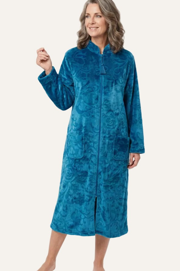 Marlon Floral Clipped Fleece Zip Front Robe Dressing Gown MA50009T - Teal