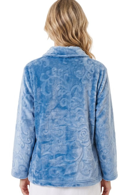 Marlon Floral Clipped Fleece Button Front Bedjacket MA50012B - Blue