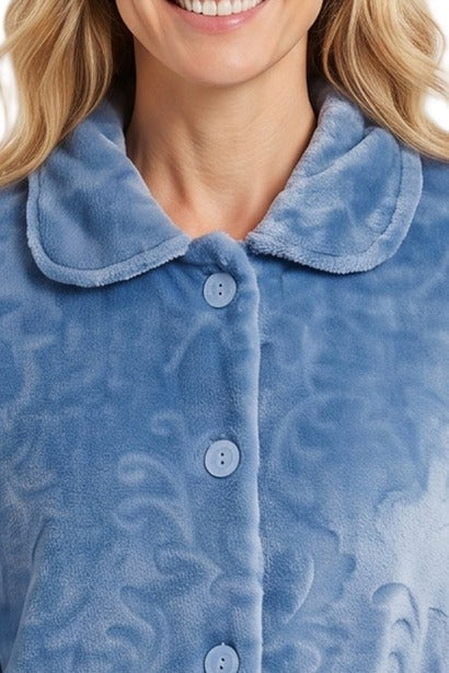 Marlon Floral Clipped Fleece Button Front Bedjacket MA50012B - Blue