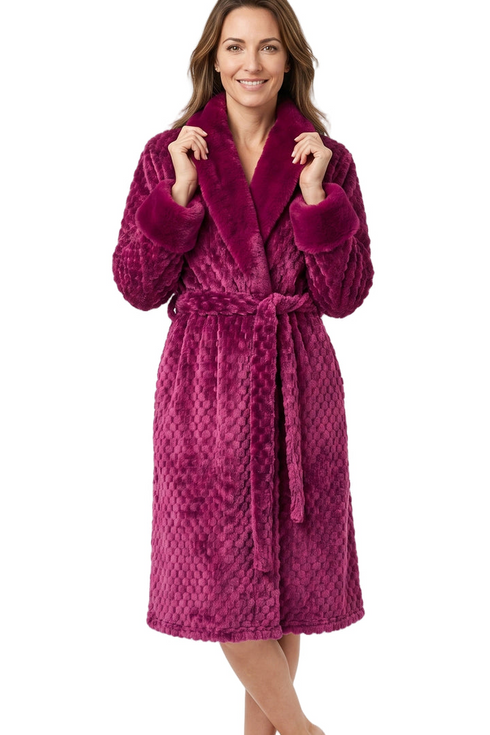 Marlon Womens Faux Fur Puff Sleeve Robe MA50046 BURG - Burgundy