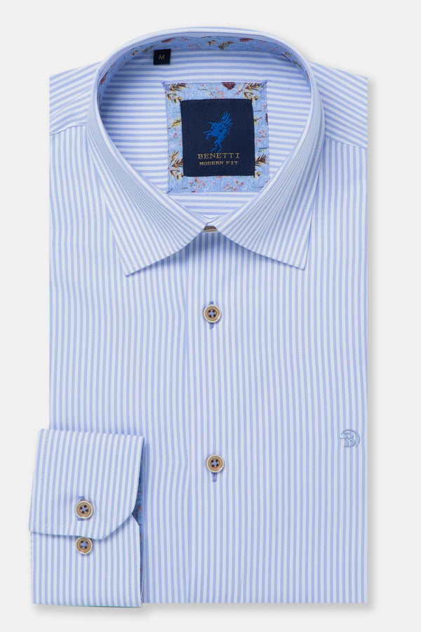 Benetti Menswear Alexander Sky Blue Long Sleeve Fine Stripe Cotton Shirt