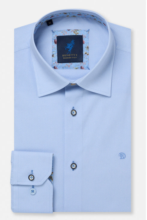 Benetti Menswear Arlo Sky Blue Long Sleeve Micro-Diamond Print Cotton Shirt