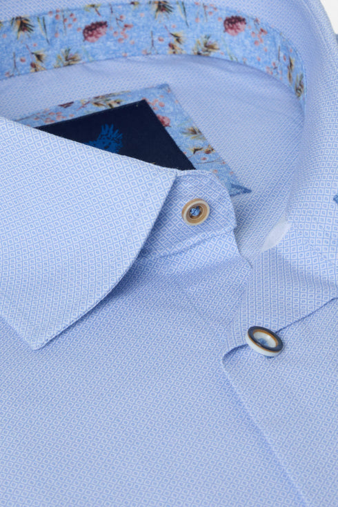 Benetti Menswear Arlo Sky Blue Long Sleeve Micro-Diamond Print Cotton Shirt