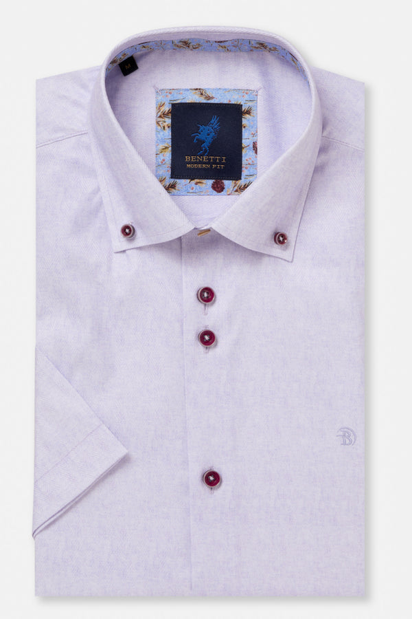 Benetti Menswear Brax Lilac Short Sleeve Herringbone Texture Cotton Shirt