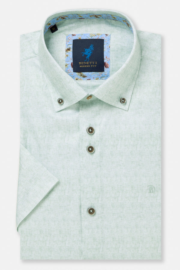 Benetti Menswear Brax Mint Short Sleeve Herringbone Texture Cotton Shirt