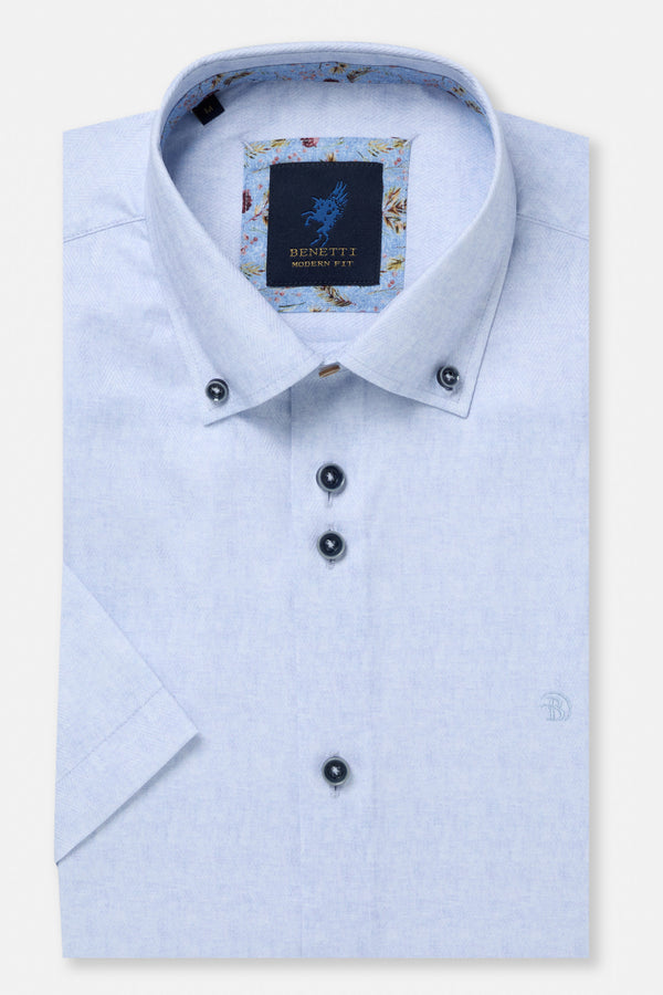 Benetti Menswear Brax Sky Blue Short Sleeve Herringbone Texture Cotton Shirt