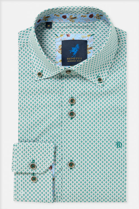 Benetti Carlos Long Sleeve Geometric Print Casual Shirt Forest Green