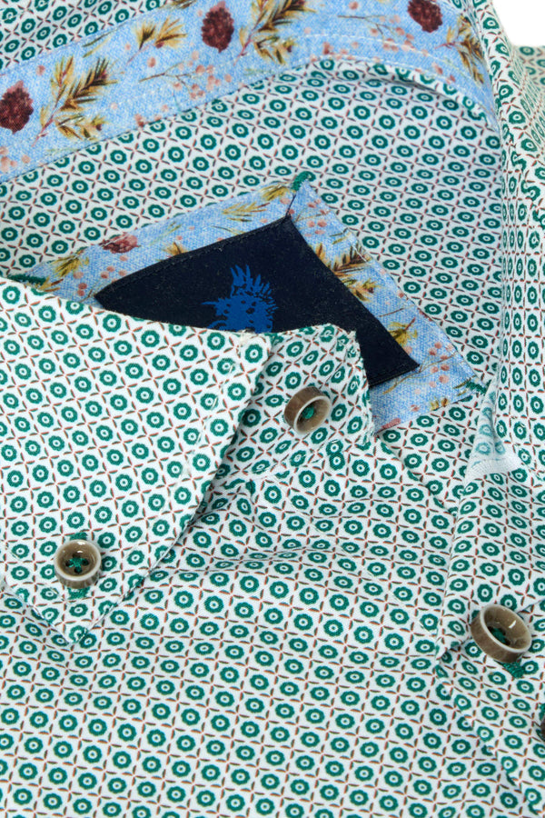 Benetti Carlos Long Sleeve Geometric Print Casual Shirt Forest Green