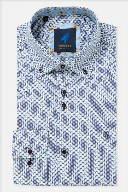 Benetti Carlos Long Sleeve Geometric Print Casual Shirt Navy