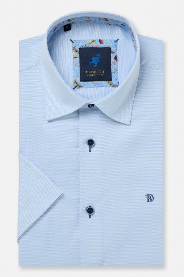Benetti Menswear Hudson Sky Blue Short Sleeve Textured Cotton Shirt