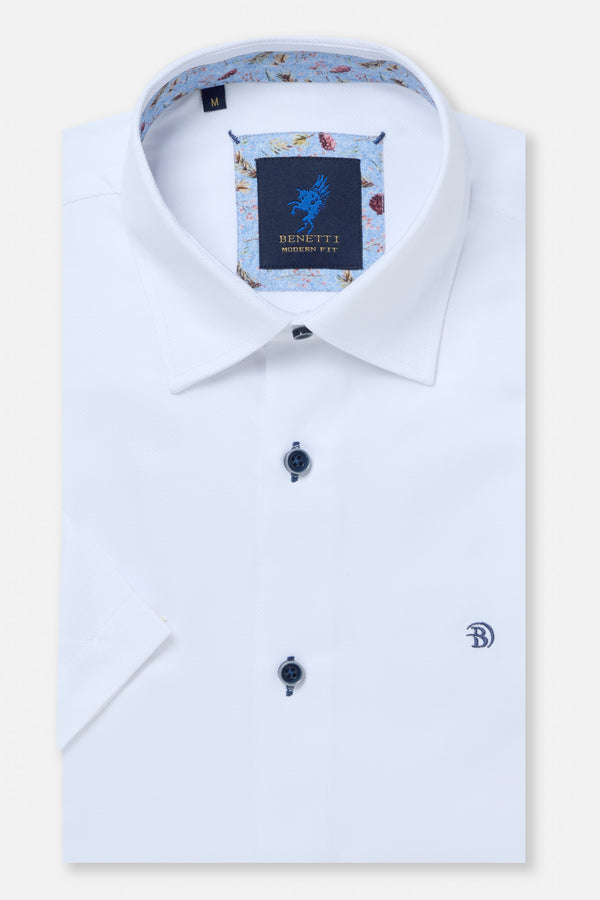 Benetti Menswear Hudson White Short Sleeve Textured Cotton Shirt