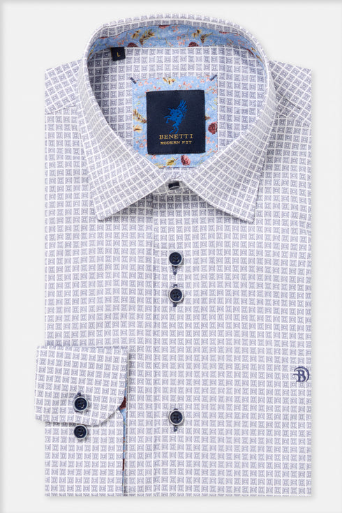 Benetti Naples Long Sleeve Geometric Square Print Casual Shirt Navy