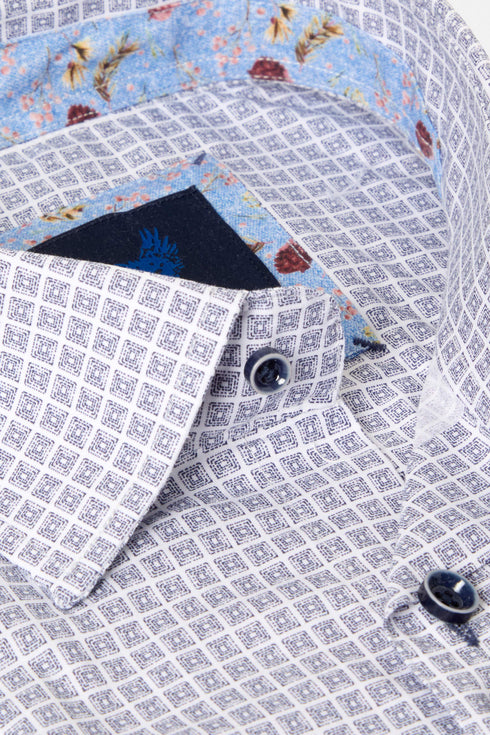 Benetti Naples Long Sleeve Geometric Square Print Casual Shirt Navy