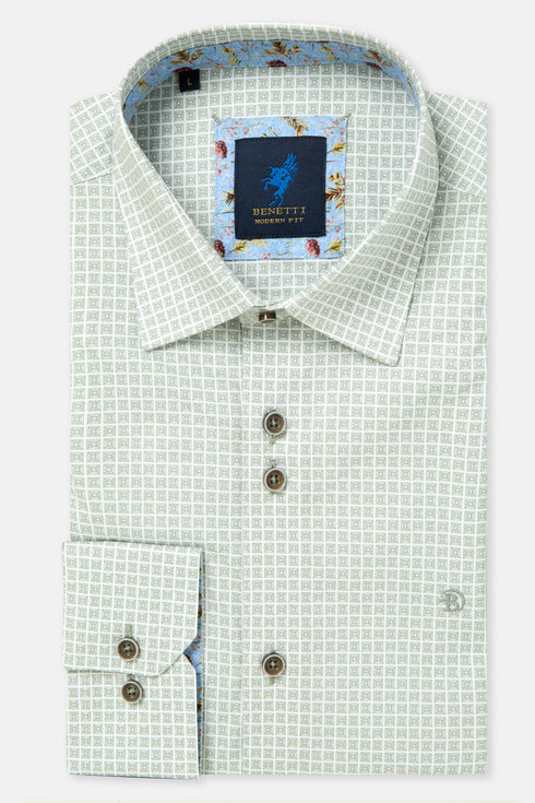 Benetti Naples Long Sleeve Geometric Square Print Casual Shirt Sage Green