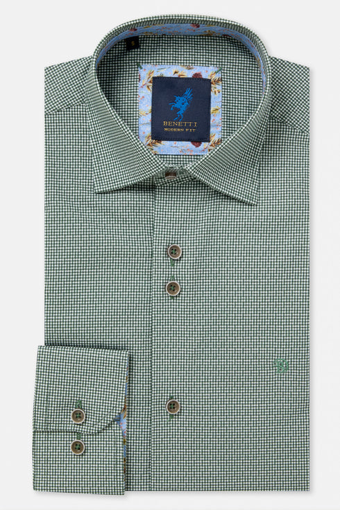 Benetti Rega Long Sleeve Micro-Check Casual Shirt Forest Green