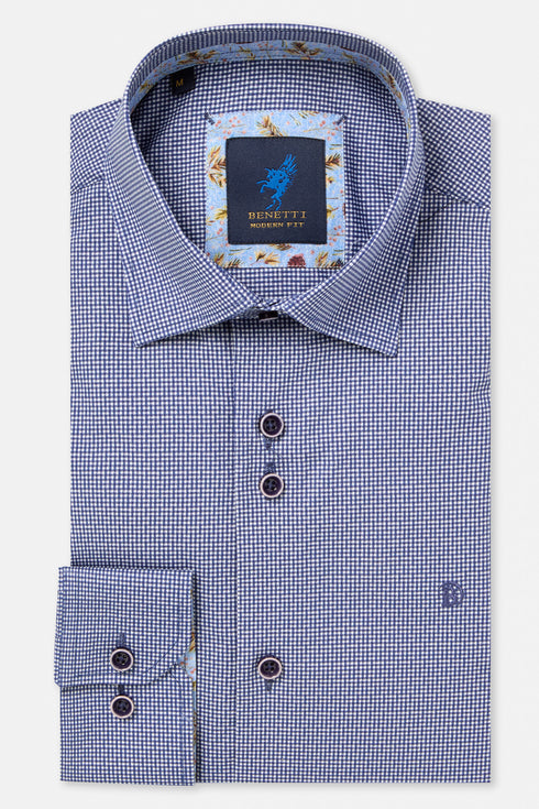 Benetti Rega Long Sleeve Micro-Check Casual Shirt Navy