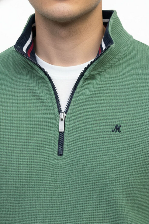 Mineral Brendan Botanical Green Quarter Zip Waffle Sweater ML301590