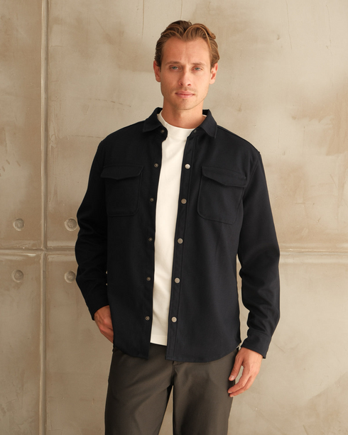 Walker & Hunt Mason Overshirt Navy Structured Mid-Weight Cotton Blend