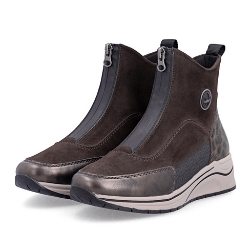 Rieker Wide Fit Front-Zip Ankle Boot with Leopard Detail - Brown Combi SKU N9554-25
