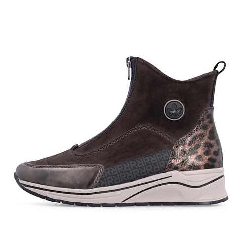 Rieker Wide Fit Front-Zip Ankle Boot with Leopard Detail - Brown Combi SKU N9554-25