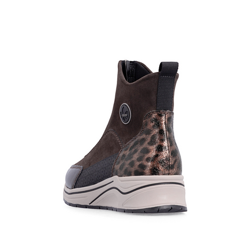 Rieker Wide Fit Front-Zip Ankle Boot with Leopard Detail - Brown Combi SKU N9554-25