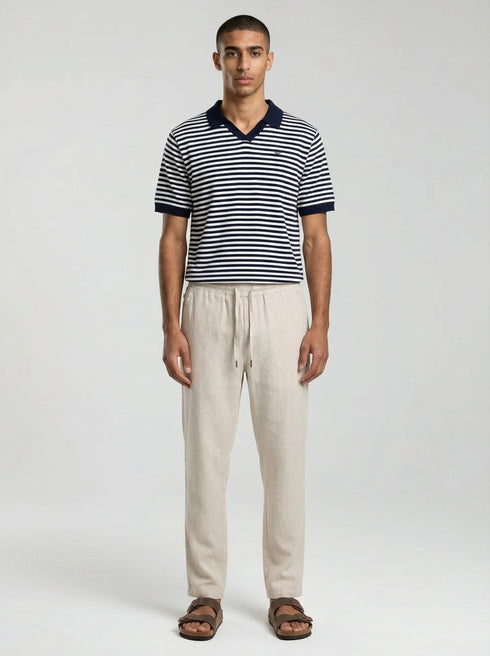 Walker & Hunt Milton Knitted Striped Polo Navy Cream 100% Cotton V-Neck