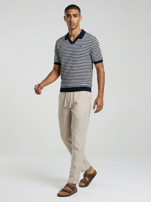 Walker & Hunt Milton Knitted Striped Polo Navy Cream 100% Cotton V-Neck