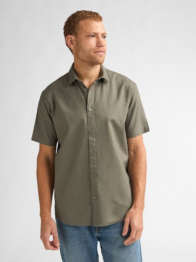 Petrol Industries Men's Plain Short-Sleeve Linen-Cotton Shirt Dusty Army Green SIS414