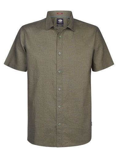 Petrol Industries Men's Plain Short-Sleeve Linen-Cotton Shirt Dusty Army Green SIS414