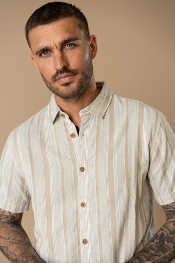 Petrol Industries Men's Ranger Striped Short-Sleeve Cotton Shirt Light Tan M1060-SIS417