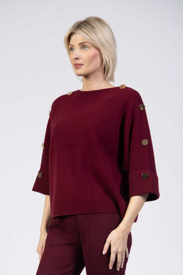 Jessica Graaf Knit with Boat Neck, Batwing Sleeve and Gold Buttons in Burgundy - 30271