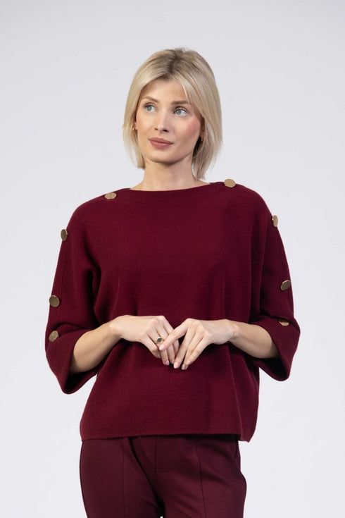 Jessica Graaf Knit with Boat Neck, Batwing Sleeve and Gold Buttons in Burgundy - 30271