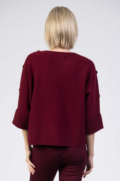 Jessica Graaf Knit with Boat Neck, Batwing Sleeve and Gold Buttons in Burgundy - 30271