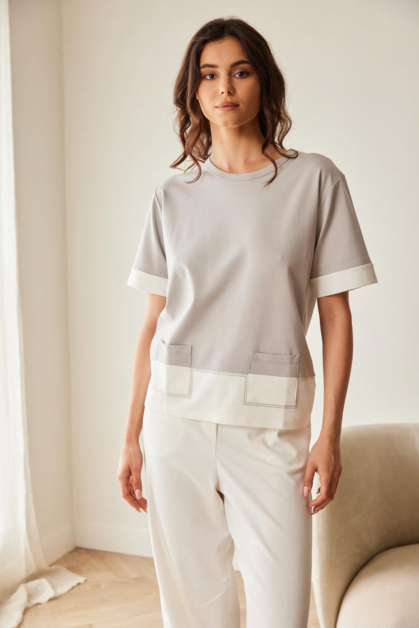 PERUZZI Womens Silver Grey Top with Ecru Trim and Pocket Detail S26113