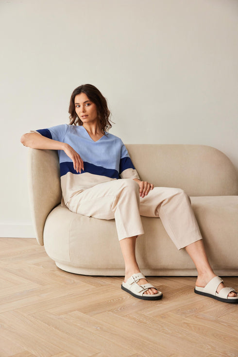 Peruzzi Block Stripe V-Neck Top – Blue & Beige – S26118