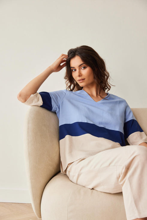 Peruzzi Block Stripe V-Neck Top – Blue & Beige – S26118