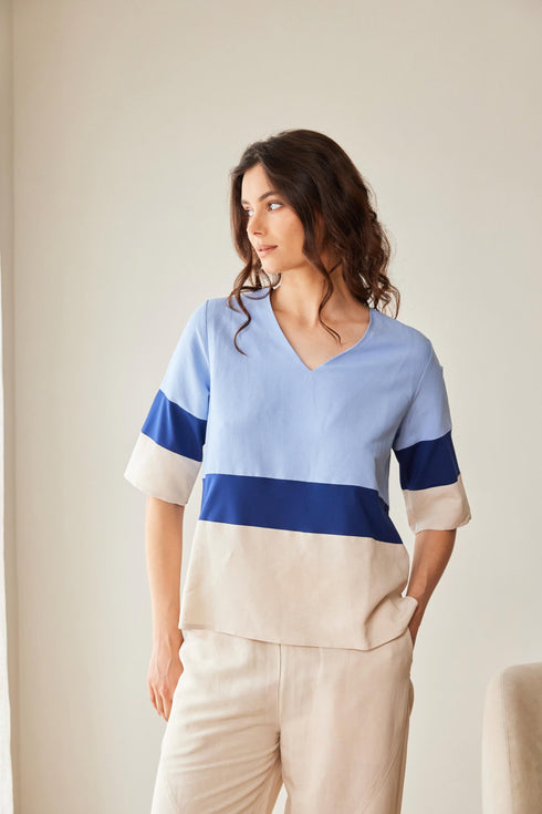 Peruzzi Block Stripe V-Neck Top – Blue & Beige – S26118
