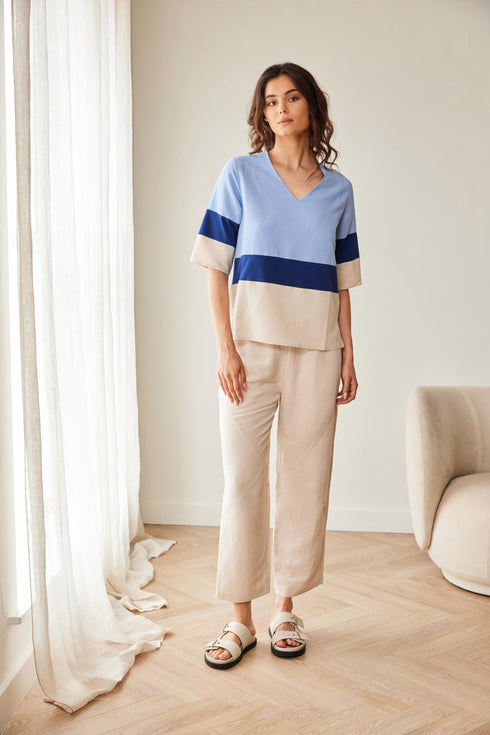 Peruzzi Block Stripe V-Neck Top – Blue & Beige – S26118