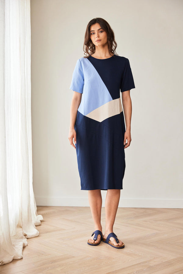 Peruzzi 3-Tone Linen Blend Knee-Length Dress – Blue – S26119