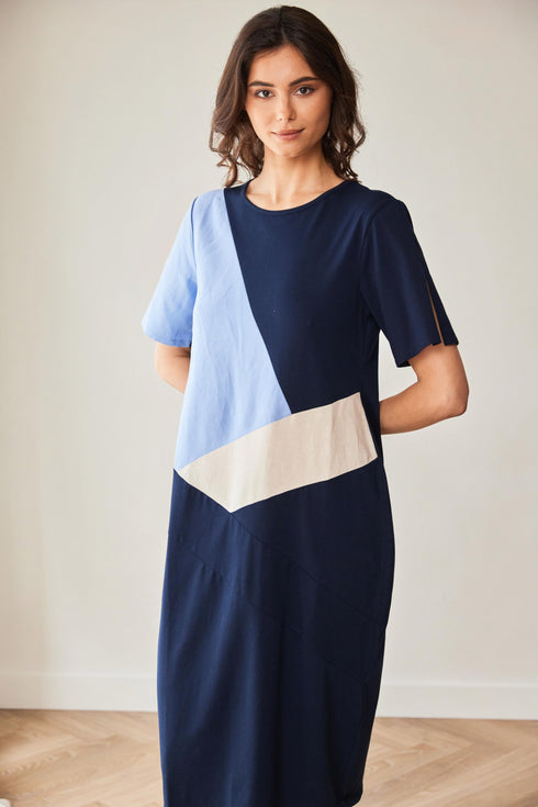 Peruzzi 3-Tone Linen Blend Knee-Length Dress – Blue – S26119