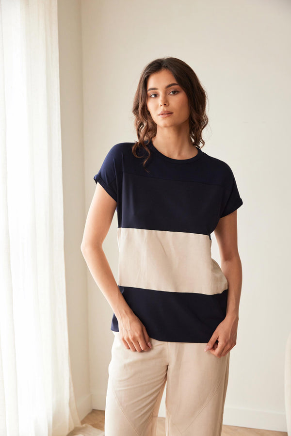 Peruzzi Block Stripe T-Shirt – Navy & Cream – S26118