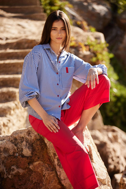 PERUZZI Womens Red Cotton Wide Leg Cropped Trousers with Hem Detail S26198
