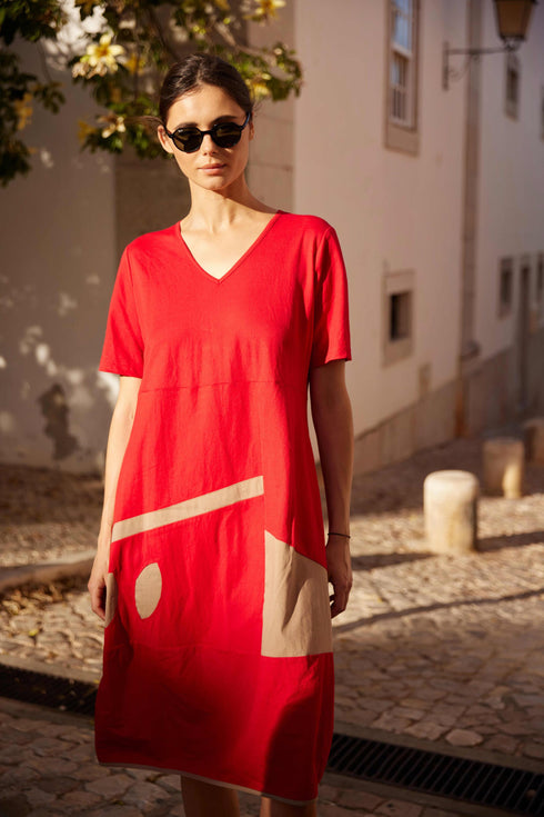 Peruzzi Oval Cut Out Detail Dress Red & Taupe S26146