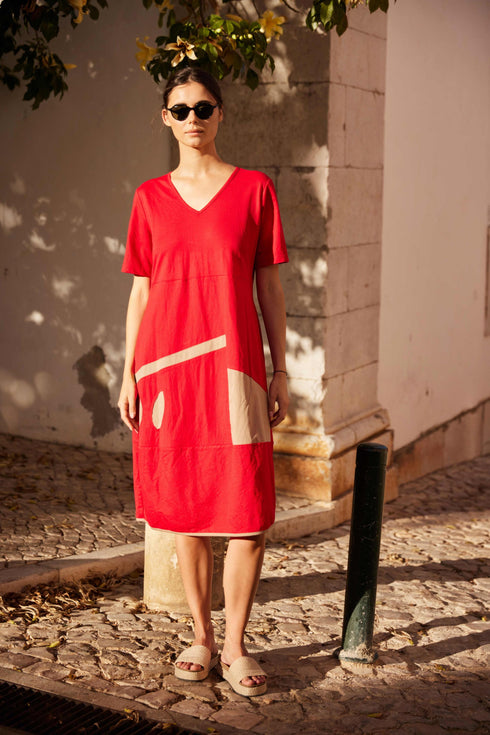 Peruzzi Oval Cut Out Detail Dress Red & Taupe S26146