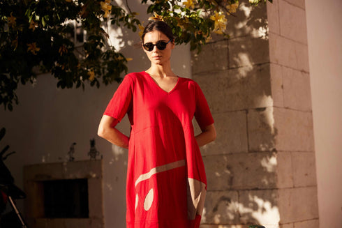 Peruzzi Oval Cut Out Detail Dress Red & Taupe S26146