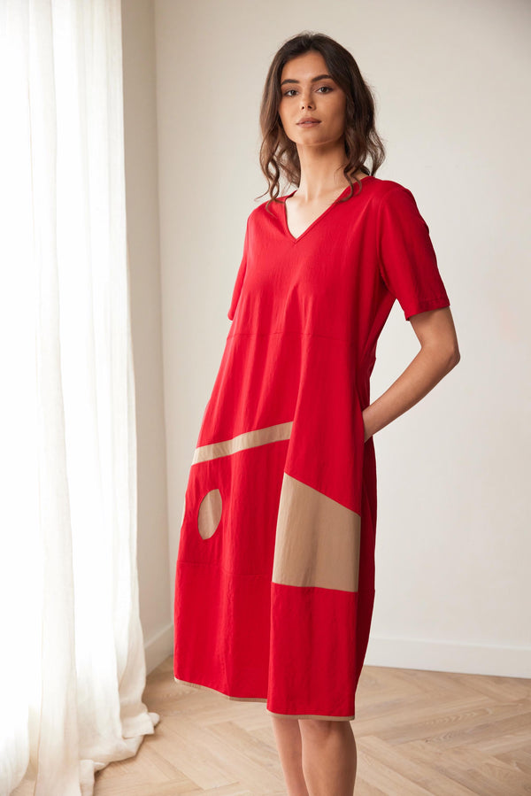 Peruzzi Oval Cut Out Detail Dress Red & Taupe S26146